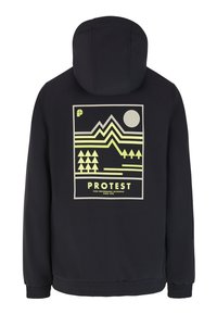 Sort hættejakke med et stort rygggrafik, der viser et design med gule og grå bjerg og sol. Justerbar hætte og ribbede manchetter.