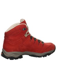 Rote Wanderstiefel aus Leder mit gepolstertem Kragen, beigen Schnürsenkeln und schwarzen Gummisohlen. Verfügt über Ösen, Nähdetails und ein robustes Design.