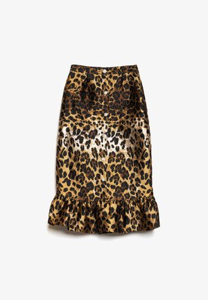 Falda de leopardo en marrón y negro con un dobladillo con volantes y textura brillante, que presenta cierres de botón en la parte delantera y plisados en la cintura.