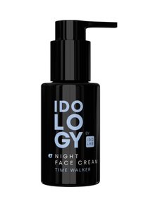 Czarna plastikowa butelka z pompką; zawiera jasnoniebieski tekst "IDOLGY by IDOLAB Krem na noc Time Walker." Gładka tekstura.