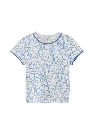T-shirt à manches courtes avec un fond blanc et un motif floral bleu, doté d'ourlets texturés et d'un col rond.