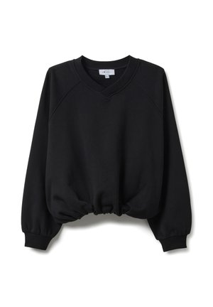 Sudadera corta negra de tela suave, con escote en V, mangas raglán y dobladillo fruncido para un ajuste relajado.