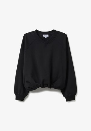 Sudadera corta negra de tela suave, con escote en V, mangas raglán y dobladillo fruncido para un ajuste relajado.