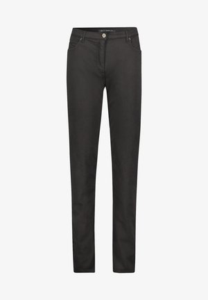 Czarne spodnie o dopasowanym kroju z guzikiem i zamkiem błyskawicznym z przodu, bocznymi i tylnymi kieszeniami, prostą nogawką.