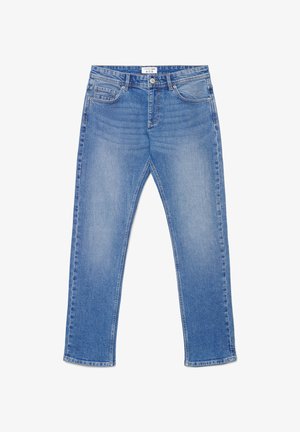 Jeans in denim azzurro chiaro con taglio dritto, cinque tasche e vita media. Presentano leggere sfumature e un orlo pulito senza sfilacciature.