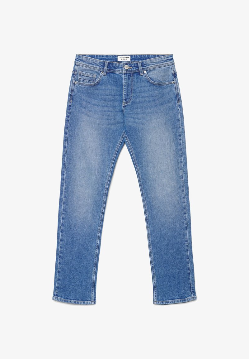 Jasnoniebieskie dżinsy z denimu o prostym kroju, z pięcioma kieszeniami i talią o średnim stanie. Posiadają delikatne przetarcia oraz czysty, nierozdarły dół.