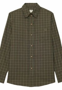 Chemise à manches longues à boutons faite d'un tissu tissé de couleur vert foncé avec un motif à carreaux. Comprend une poche poitrine et des boutons bruns.