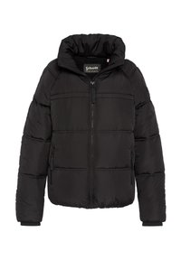 Giacca a vento nera con colletto alto, chiusura frontale con zip e rivestimento in pile. Presenta cuciture orizzontali, polsini elastici e tasche laterali.