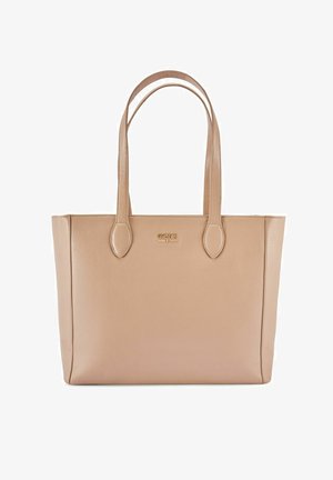 Beżowa skórzana torba na ramię z dwoma paskami na ramiona oraz małym złotym logo marki umieszczonym centralnie u góry.