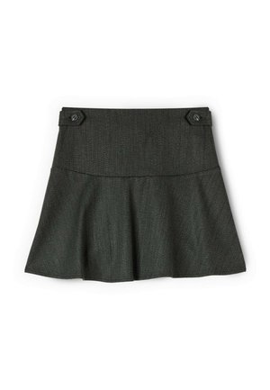 Donkergrijze rok met een uitlopende vorm, textuurstof en twee decoratieve knopen op de voorkant van de tailleband. Klassieke en gestructureerde stijl.