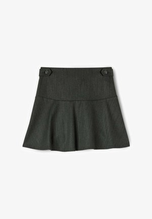 Falda gris oscuro con un diseño acampanado, tejido texturizado y dos botones decorativos en la cinturilla frontal. Forma clásica y estructurada.