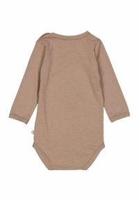 Body per bambini a manica lunga in tessuto marrone chiaro. Presenta un collo rotondo e chiusure a scatto sulle spalle e sul fondo per una facile vestizione.