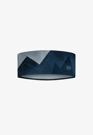 Donkerblauwe haarband met een geometrisch patroon, featuring zigzaglijnen in variërende tinten. Zacht stof met een gladde textuur, voorzien van een logo.