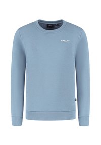 Lichtblauwe crewneck sweatshirt met ribbelmanchetten en -zoom, voorzien van een klein wit "BALLIN'" logo op de bovenste linkerborst.