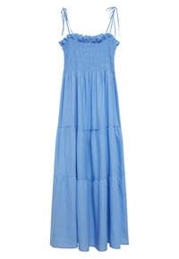 Robe maxi bleu clair avec des bretelles à nouer réglables, un corsage smocké et un design en étages. Fabriquée dans un tissu doux et respirant.