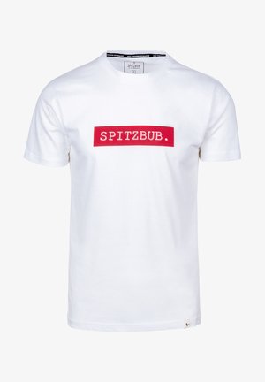 Witte katoenen t-shirt met een rood rechthoekig logo met de tekst "SPITZBUB." op de voorkant. Klassieke ronde hals en korte mouwen.