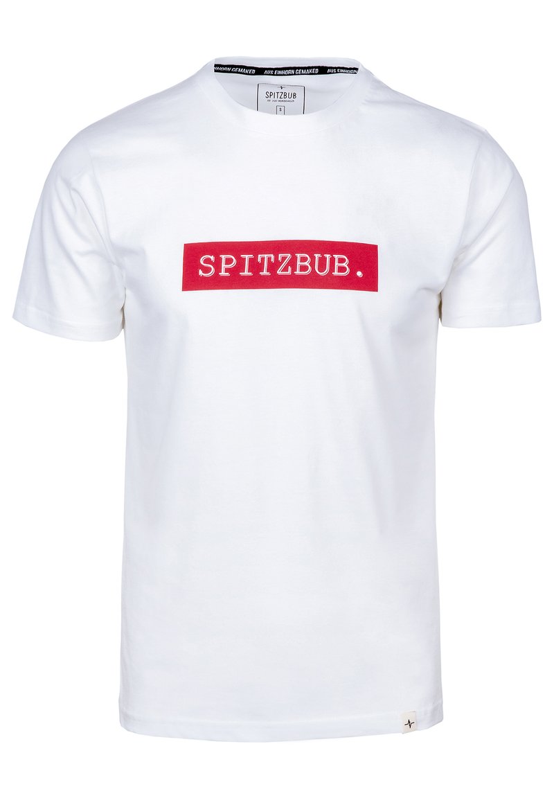 Weißes Baumwoll-T-Shirt mit einem roten rechteckigen Logo-Text "SPITZBUB." auf der Vorderseite. Klassischer Rundhalsausschnitt und kurze Ärmel.