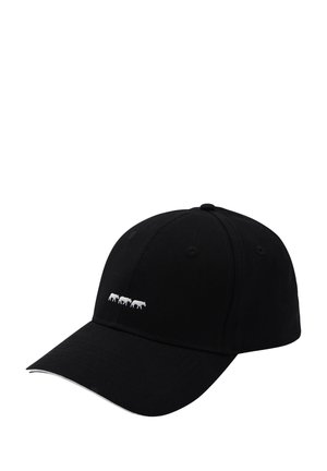Casquette noire avec une visière incurvée, fabriquée en coton. Présente trois vaches blanches brodées sur le devant et de subtils accents blancs le long de la visière.