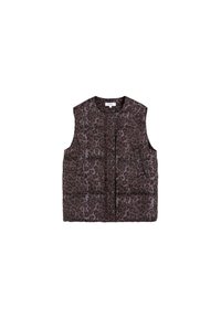 Chaleco sin mangas acolchado en marrón oscuro con un patrón de leopardo, que cuenta con dos bolsillos frontales y un cuello redondo. Tela suave y texturizada.