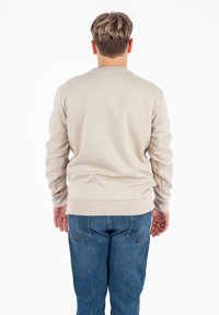 Pullover beige con scollo a giro, maniche a costine e orlo a costine, abbinato a jeans denim blu; design semplice senza motivi visibili.