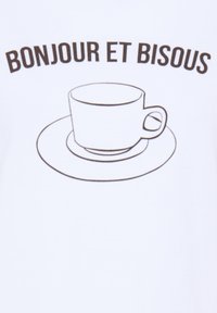 Texte "BONJOUR ET BISOU" au-dessus d'un dessin au trait simple noir d'une tasse de café sur une soucoupe sur fond blanc.