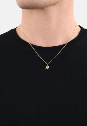 Gouden metalen ketting met een kleine letter "n" hanger, gedragen op een slanke ketting, boven een zwart coltrui-shirt.
