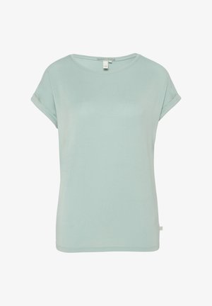 T-shirt bleu clair à manches courtes avec des poignets roulés, fabriqué dans un tissu doux, présentant un col rond et une petite étiquette de logo sur l'ourlet.