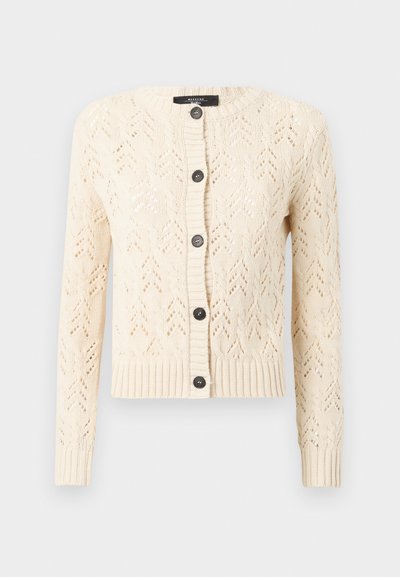 Cremfarbener gestrickter Cardigan mit Zickzackmuster, rundem Ausschnitt und sechs schwarzen Knöpfen. Verfügt über gerippte Bündchen und Saum für eine strukturierte Passform.