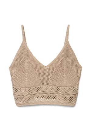 Bralette beige lavorato a maglia con sottili spalline e una fascia inferiore con motivo a maglia aperta.