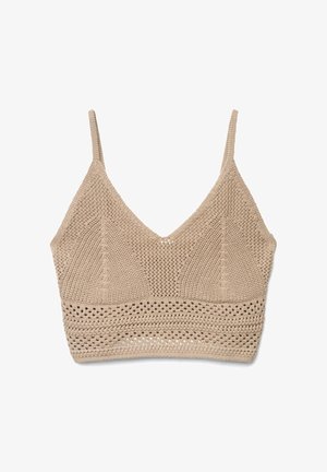 Bralette beige lavorato a maglia con sottili spalline e una fascia inferiore con motivo a maglia aperta.