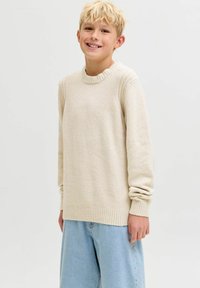 Šviesiai beigės megztinis su apvalia apykakle, raukinėtais rankovių ir apačios kraštais bei tekstūruota apdaila. Derinamas su laisvais šviesiai mėlynais džinsais.