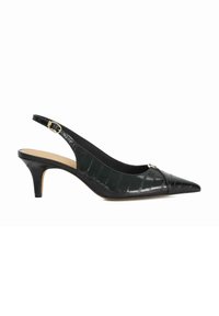 Black pointed-toe slingback kitten heel shoe with a textured pattern and a small gold buckle on the strap and front.