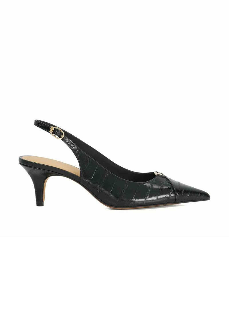 Black pointed-toe slingback kitten heel shoe with a textured pattern and a small gold buckle on the strap and front.