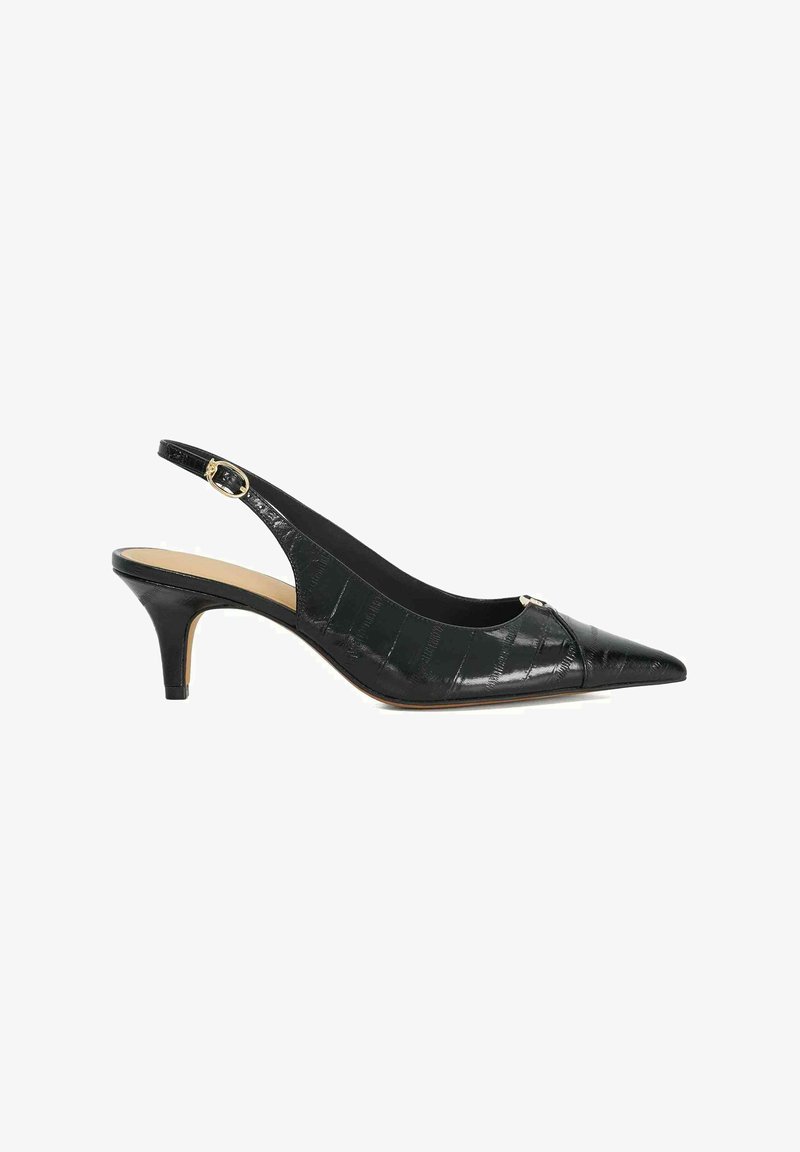 Black pointed-toe slingback kitten heel shoe with a textured pattern and a small gold buckle on the strap and front.