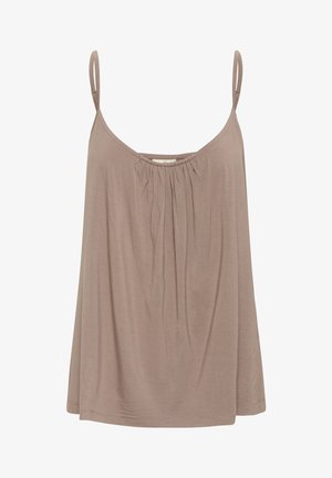 Barna, ujjatlan felső, puha anyagból készült, ráncolt nyakkivágással és laza, bő szabással. Vékony, állítható pántok.