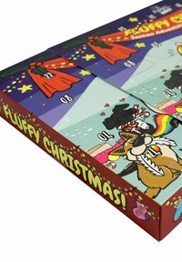 Colorful advent calendar box featuring playful designs of animals and Christmas elements; red sides with festive lettering and numbered doors.