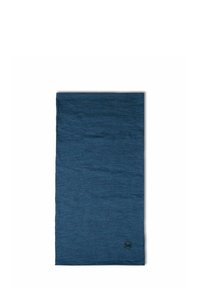 Schlauchschal aus weichem, dunkelblauem Stoff mit glatter Textur. Verfügt über eine runde Form und ein kleines Logo in der unteren Ecke.