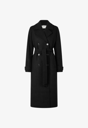 Manteau en laine noire avec un devant croisé, taille ceinturée, larges revers et manches longues. Présente des accents de boutons à l'avant.