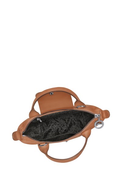 Tan leather handbag with a zip closure, featuring an interior black fabric lining with a subtle pattern and silver hardware accents.