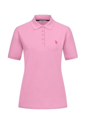 Light pink short-sleeve polo shirt with collar and five-button placket, featuring a small embroidered logo on the left chest.