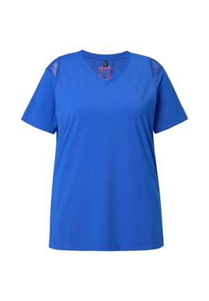 Blaues Sportshirt mit kurzem V-Ausschnitt und kurzen Ärmeln, Schultereinsätze aus Mesh, leichtes und atmungsaktives Material.
