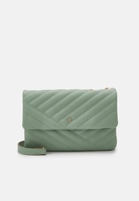 Bolso de mano de color verde menta acolchado, hecho de material sintético, con costuras diagonales, tapa plegable y correa desmontable. Decoración en dorado.