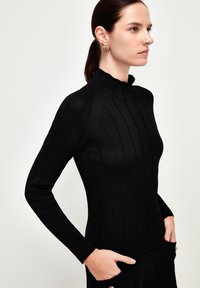 Schwarzes, geripptes Langarmoberteil mit hohem Kragen, das vertikale Streifen und eine taillierte Passform aufweist. Glatte Textur, minimalistisches Design.