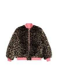 Bomberjacka i leopardmönster med ett yttre av konstpäls, rosa ribbade ärmslut och krage, samt zip-up stängning.