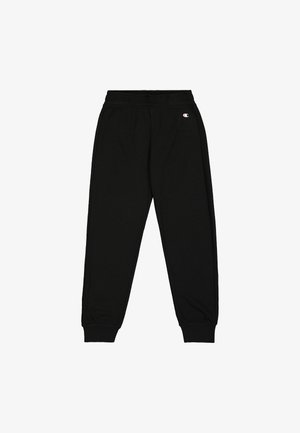 Zwarte trainingsbroek van zacht materiaal, met een elastische tailleband, taps toelopende enkels en een klein logo op de linker dij.