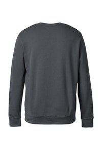 Sudadera gris oscuro de manga larga, con puños y dobladillo acanalados. Textura suave, diseño liso sin patrones ni acentos visibles.