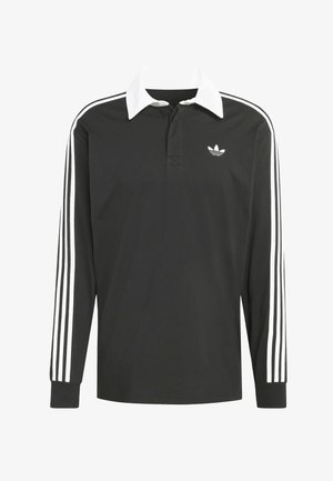 Black long-sleeve polo shirt with white collar, features three white stripes along sleeves and a small white logo on the chest.