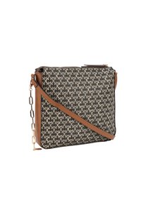 Crossbody taske i mønstret stof med brune detaljer. Har lynlåslukning og kædestrop. Kompakt rektangulært design.