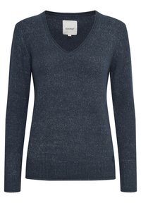 Maglione a V blu navy con maniche lunghe, realizzato in tessuto a maglia testurizzata. Presenta un orlo a coste e un piccolo logo in basso a sinistra.