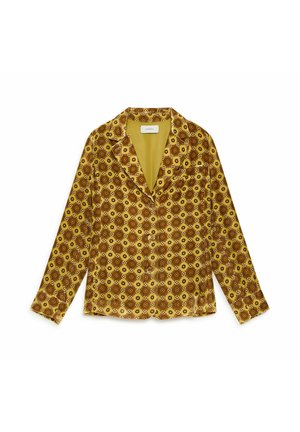 Camicia a maniche lunghe con bottoni, presenta un motivo geometrico giallo e marrone, con una texture morbida e un colletto, progettata per una vestibilità comoda.